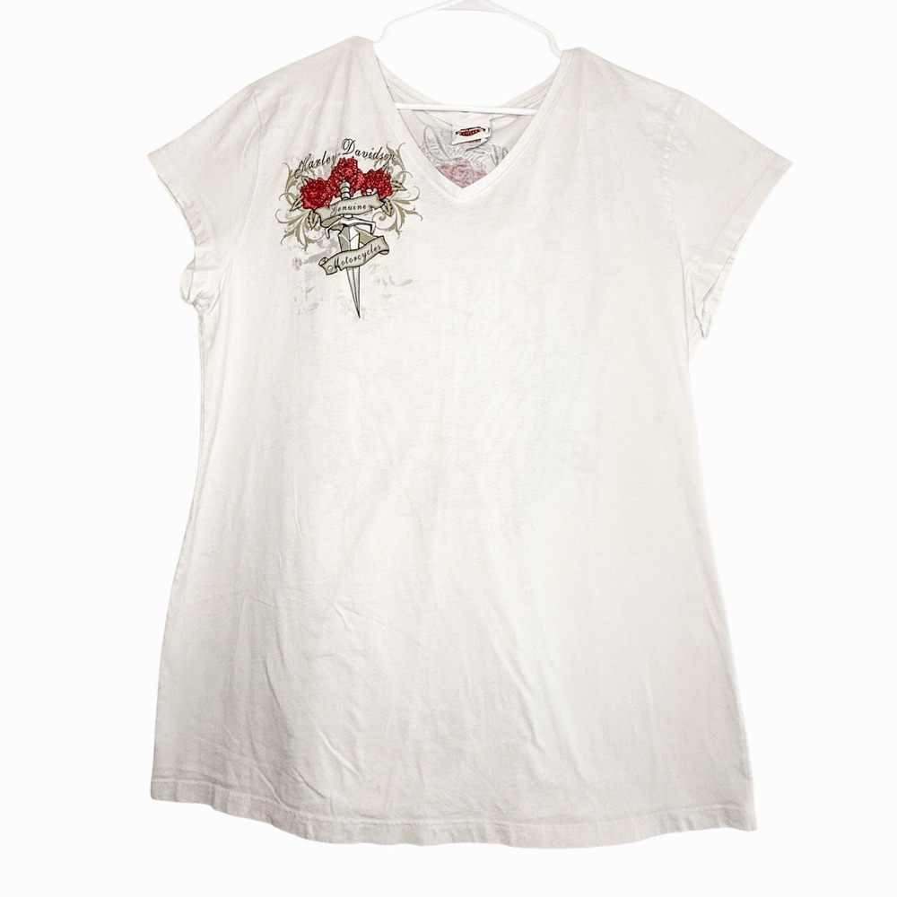 Harley-Davidson Women's 3XL White Rhinestone Wings Roses V-Neck Biker Tee